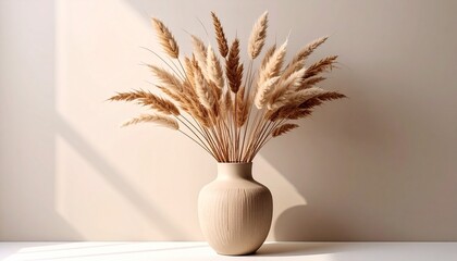 Beige vase with dry grass.