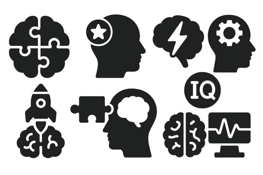 Mental Performance Icons. Solid style icons of mental performance and brain training: puzzle brain, memory icon, logic game, brain