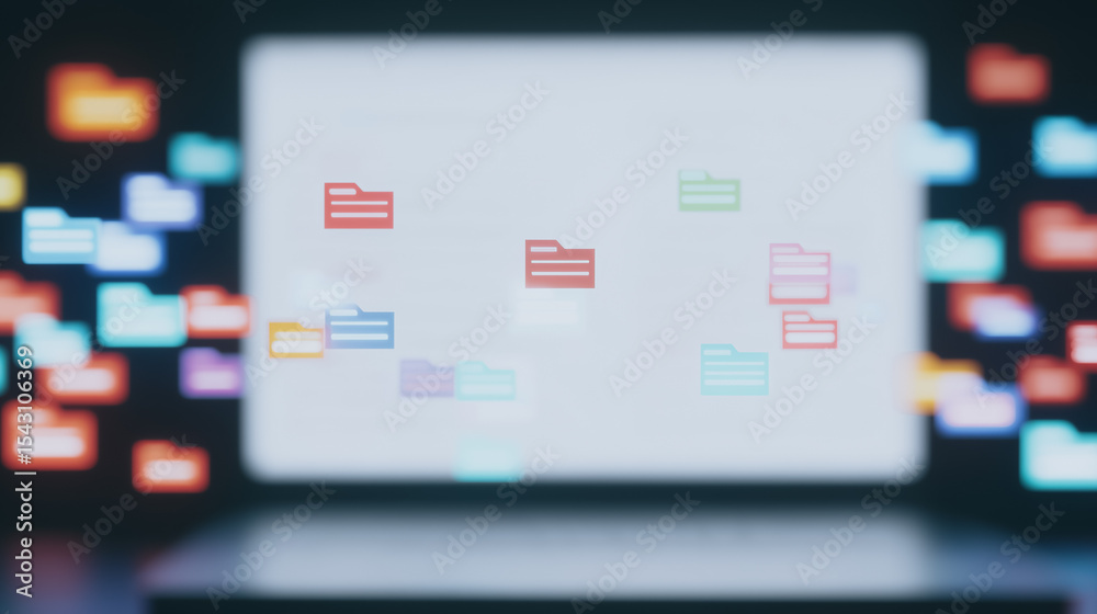Poster digital data display: conceptual rendering of a laptop screen showcasing a cloud of colorful digital