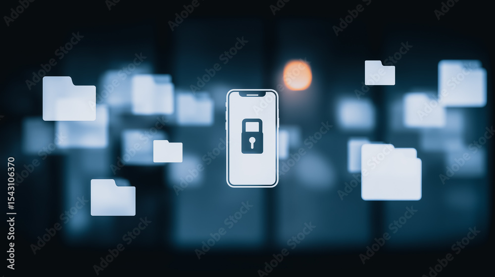 Poster secure mobile data: a modern smartphone with a lock icon symbolizing digital security hovers amidst 