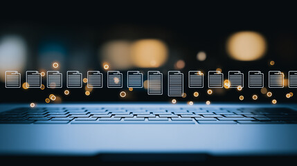 Digital Data Stream: Conceptual visualization of digital data flow, files and documents cascade across a laptop keyboard.