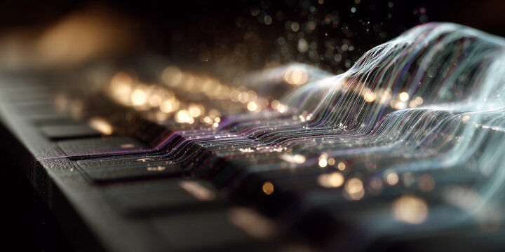  Laptop streams silk-like code strands morphing into waveform bursts.
