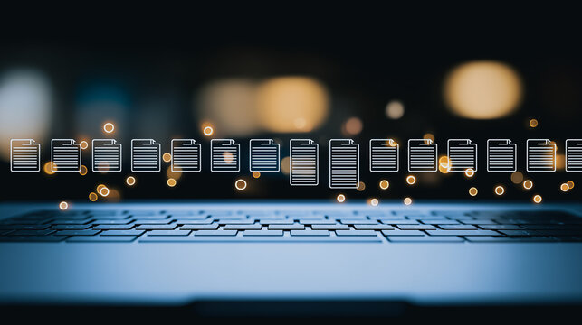Digital Data Stream: Conceptual visualization of digital data flow, files and documents cascade across a laptop keyboard.  