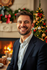 Smiling Man in Suit by Christmas Fireplace