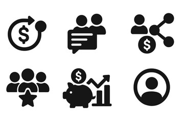 Finance Icon Collection. Solid style icons of social features in finance: money share, community post, finance group, network icon