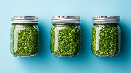 Pesto sauce in three jars on a blue background