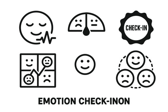 Emotion Check-In Icons. Solid style icons of emotion check-in: mindful face with pulse icon, emoji dial icon, check-in reminder