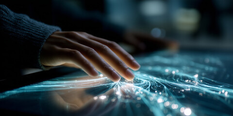  Swipe activates waveforms simulating AI thought via fractals and loops.
