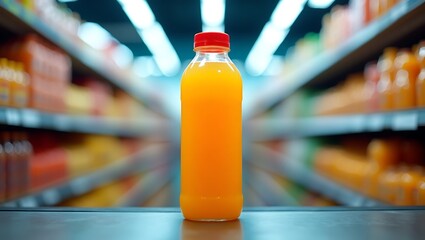A bottle of orange juice sits on a supermarket checkout counter