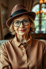 Elegant Senior Woman in Stylish Brown Hat and Glasses