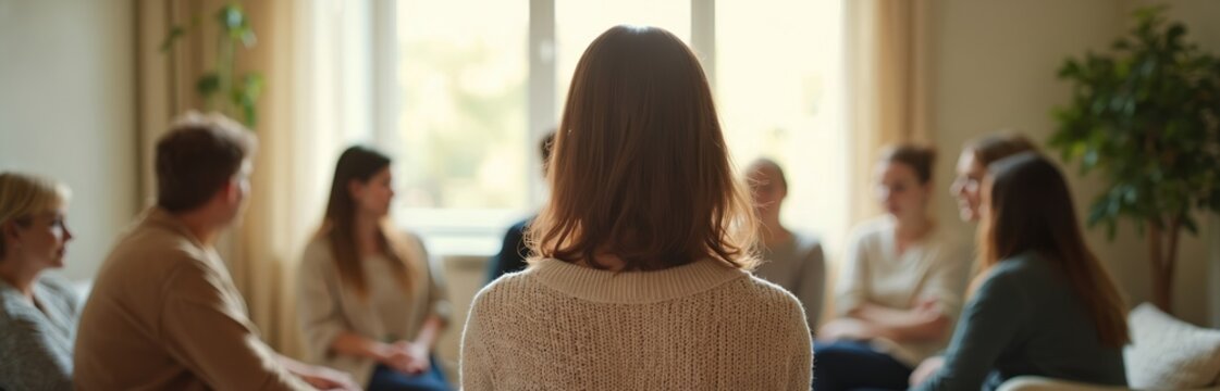 Back view of woman in therapy group session. Blurry people in background, sunlight streams. Mental health concept support discussion. Therapy session mental health treatment wellbeing. - Powered by Adobe