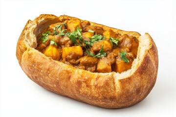 Bunny chow filled with rich curry and garnished with fresh herbs served on a white background