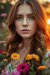 Beautiful Woman in a Flower Field at Sunset