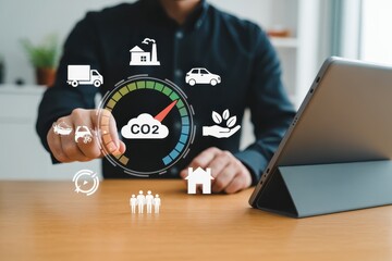 A person interacts with a digital interface showing co2 emissions indicators.