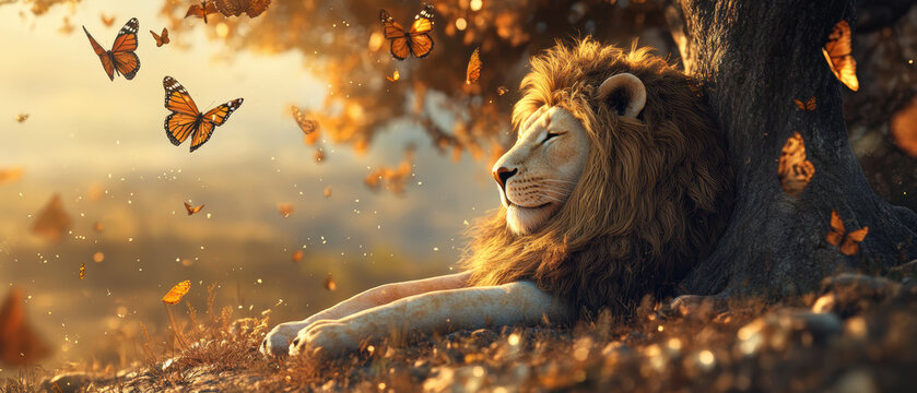 High-fidelity photography of a serene lion resting in a calm natural setting