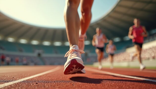 Runners compete at sports track stadium. People running, sprinting in competition. Athlete legs close-up. Pro sport event. Fitness, marathon. Running sport activity. Healthy lifestyle, training.