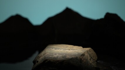 Stone platform reflected on glossy black surface in cinematic lighting