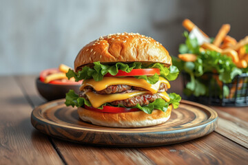 Delicious Double Cheeseburger on Wooden Plate