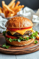 Delicious Double Cheeseburger with French Fries