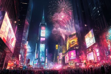 Obraz premium Happy New Year Celebration with Fireworks. Cheers with Champagne New Year’s Eve Party.