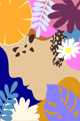 Card postcard stylized female profile and floral decorative elements