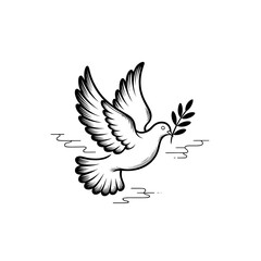 Fototapeta premium Dove carrying an olive branch symbolizes peace and hope in a simple black and white design
