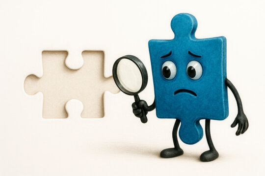 A sad puzzle with a magnifying glass is looking for the missing piece. Space for text.