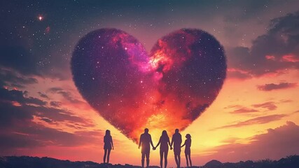 Family holding a cosmic heart at sunset - Powered by Adobe
