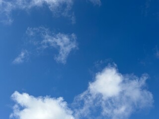 Beautiful blue sky with white clouds. The sky was clear and bright, and clouds were scattered all...