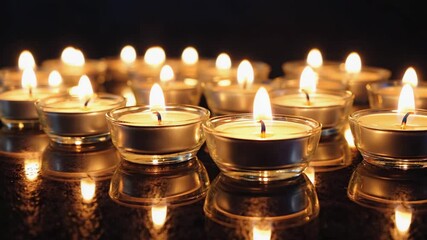 Lit tea light candles on reflective dark surface. - Powered by Adobe