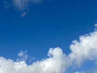 Beautiful blue sky with white clouds. The sky was clear and bright, and clouds were scattered all...