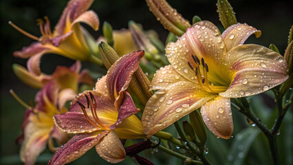 Closeup of dew covered daylilies in a garden setting