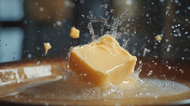 Piece of butter melts in hot frying pan