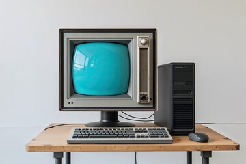Fototapeta premium Vintage CRT Monitor with Minimalist Desktop PC and Keyboard on White Background