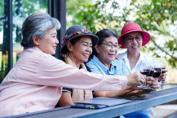 Senior Asian women raising glasses celebrating friendship drinking wine smiling outdoor cafe casual clothing cheerful enjoying lifestyle leisure vacation happiness freedom communication togetherness