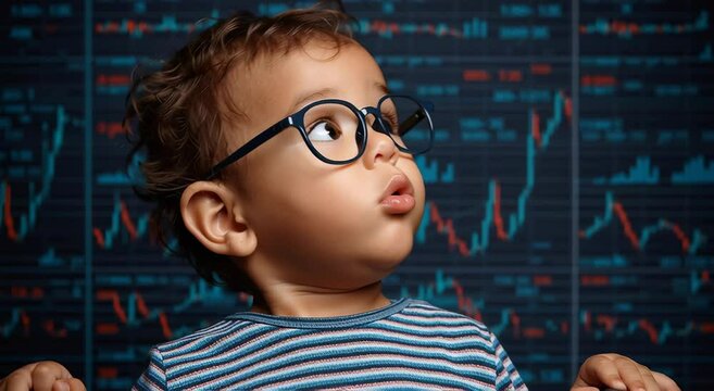 Toddler investor trading stock exchange displays medium skin with glasses against a financial chart background showing markets and curly hair