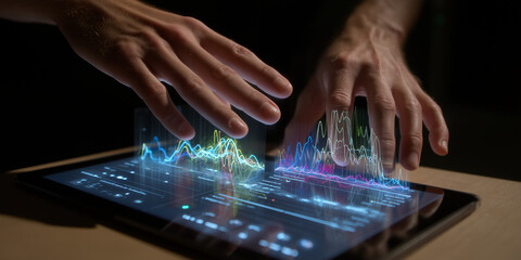 Fototapeta premium Tablet splits and merges graphs live to visualize AI training variables. 