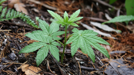 Close-up view of redwood seedling growth on the forest floor in high fidelity