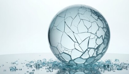 Broken glass sphere represents fragility, destruction. Cracks, shattered pieces on reflective surface. Symbolizes vulnerability, damage, risk. Transparent sphere with fractures, representing crisis.