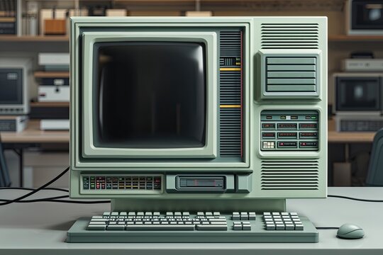 3D Model of Vintage Computer Station Featuring Electronic Monitor and Keyboard