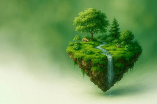 A magical floating island with a forest and a waterfall. Space for text.