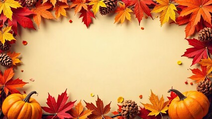 Autumn-themed frame with colorful leaves, pumpkins, and pine cones. Blank space for text. Ideal for Halloween or seasonal decorations, banner, copy space.