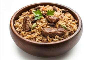 Kenyan pilau with spiced rice, savory meat, and aromatic spices served in a wooden bowl, showcasing a traditional dish from East Africa
