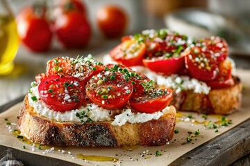 Two bruschettas topped with ricotta cheese and sliced tomatoes on a wooden cutting board close up shot