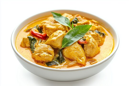 Creamy coconut chicken curry known as kuku paka served in a white bowl with herbs and spices, showcasing vibrant colors and rich textures