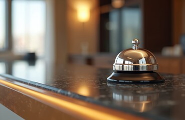 Shiny hotel reception bell on countertop. Ringing for staff assistance, guest service, attention. Symbol of hospitality, accommodation. Travel, tourism, business, hotel, hostel, motel.