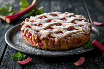 Close up of a rhubarb pie with lattice crust on a metal plate on a dark wooden surface with mint leaves
