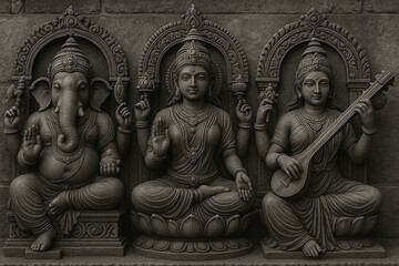 A stunning handcrafted black stone sculpture featuring the divine Hindu trinity of Lord Ganesha, Goddess Lakshmi, and Goddess Saraswati.