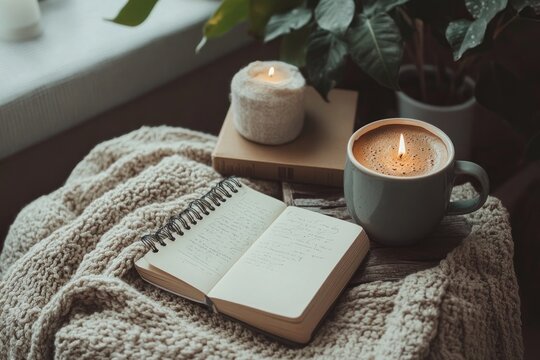 Aesthetic setup with journal, novel and coffee, peaceful reading corner