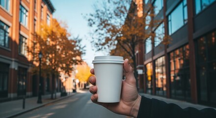 Obraz premium Hand Holding Blank White Disposable Coffee Cup MOCKUP on Autumn City Street. Seasonal Beverage Product Presentation, Fall Lifestyle Branding